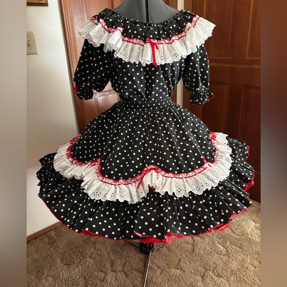 Square dancers or Cloggers.Black Polka Dot Dress with LaceTrim.